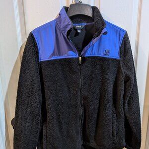 Women's FILA Black with purple mixed media fleece jacket. XL.